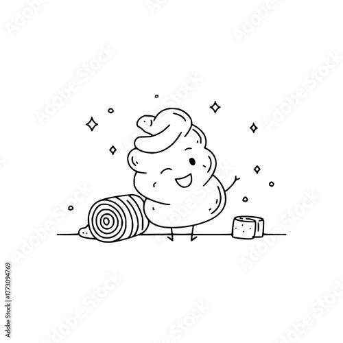 Cute kawaii cream character with yoga mat and soap illustration for spa and wellness coloring page