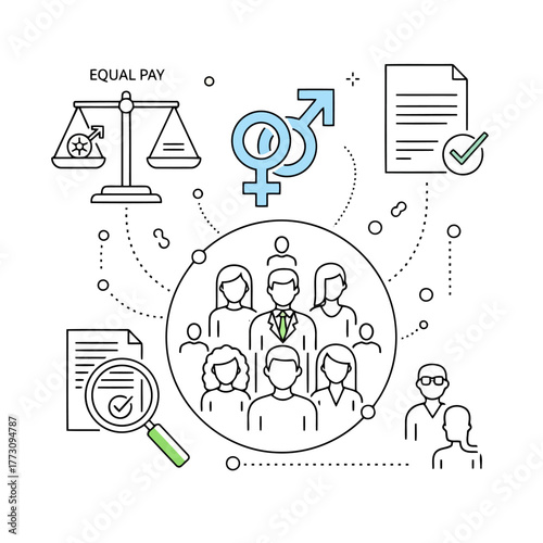 Equal Pay Concept: Balance Scale, Gender Symbols, Documents, and Diverse People for Fair Compensation and Workplace Equality