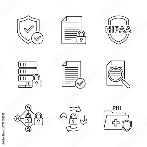 Data Security Icons: Protection Shield, Encrypted Files, HIPAA Compliance, and Secure Data Management Solutions