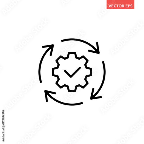 Black single round gear update confiremed line icon, simple cogwheel process flat design vector pictogram, infographic interface elements for app logo web button ui isolated on white background