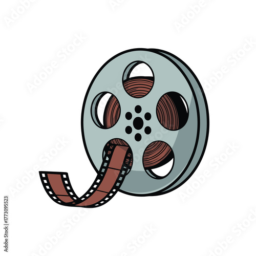 Classic Film Reel with Film Strip Unspooling - Movie Industry and Entertainment Illustration