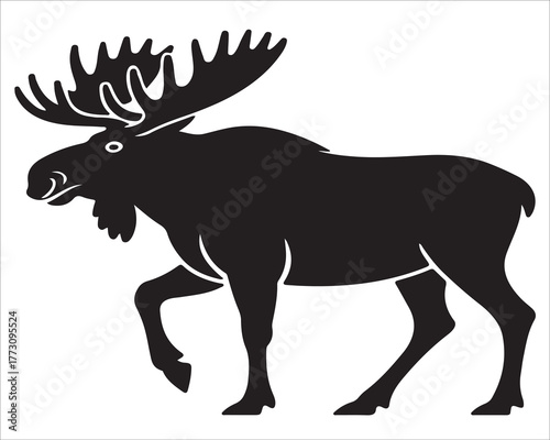 Majestic moose silhouette walking proudly, large antlered deer illustration in black and white vector style, wild animal graphic design perfect for logos, wildlife art, and outdoor branding