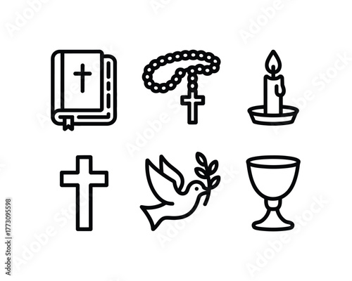 Vector Line Art Icon Set of Christian Religious Symbols