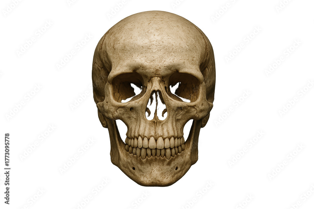 Obraz premium Human skull frontal view jaw closed dramatic studio lighting on deep black background