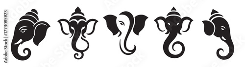 Tableau sur toile Minimalist Ganesha Vector Silhouette Set – Abstract Lord Ganesha Faces in Black