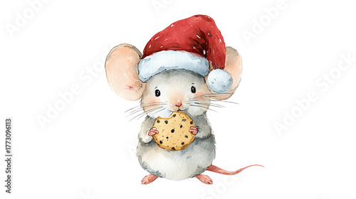 Watercolor Christmas mouse with Santa hat holding cookie illustration transparent background