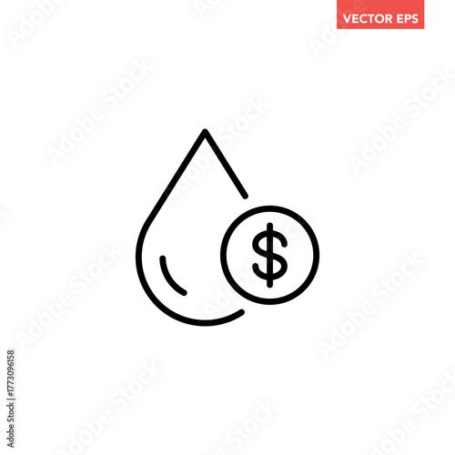 Black single price or tariff volume of water line icon, liquidity pay cost water supply symbol flat design pictogram vector for app ads web button ui interface elements isolated on white background