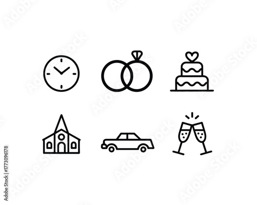 Wedding Event Outline Icons Set - Time, Rings, Cake, Church, Car, Champagne