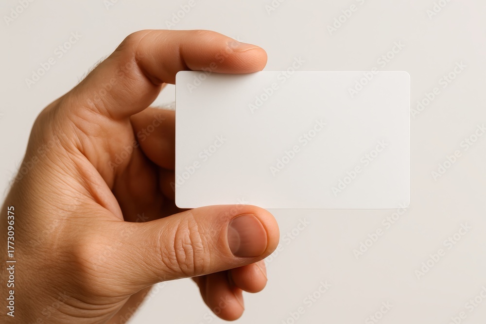 Obraz premium Male hand holding blank business card closeup on white background studio lighting