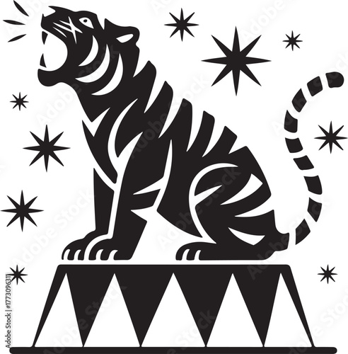Powerful circus tiger illustration with sparkling star elements in vintage tattoo style