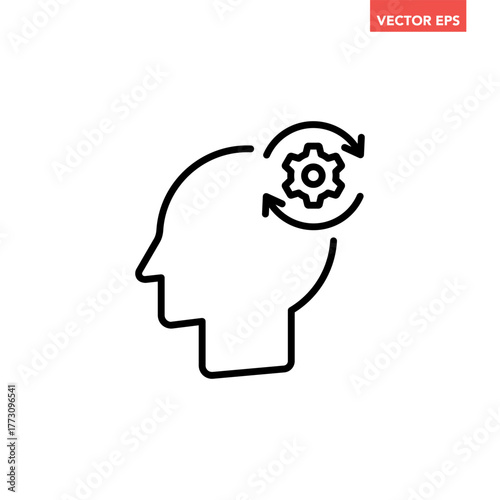 Black single human head with circular gear line icon, simple adaptation processing idea  flat design pictogram vector for app ads web button ui interface elements isolated on white background