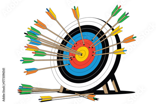 Arrows Hitting Archery Target with Bullseye and Misses - Success, Strategy, and Persistence