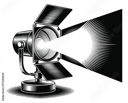 Vintage Spotlight Illustration with Bright Light Beam - Theatrical Performance Stage Lighting