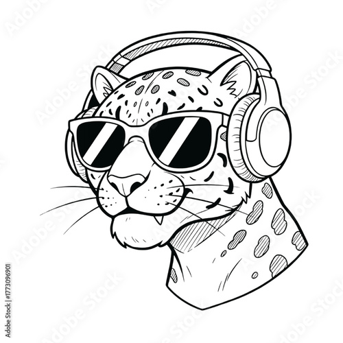 Cool Leopard with Sunglasses and Headphones Line Art Illustration