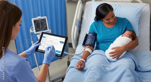 A healthcare professional monitors vital signs while a mother tenderly cradles her newborn in a hospital room, showcasing a caring environment and medical attention