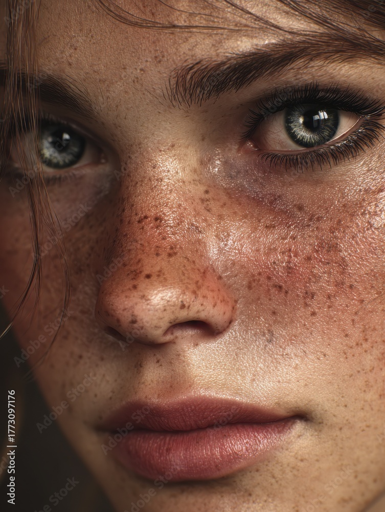 Naklejka premium Youthful model with striking features, showcasing freckles and captivating eyes. natural glow and soft lighting enhance beauty and detail of skin