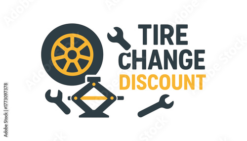 Flat vector banner design text TIRE CHANGE DISCOUNT supporting icons of tire jack and wrench dark gray and palette isolated on white marketing approved bright palette with balanced