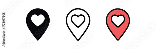 love location pin icon on white background Black silhouette flat icon outline icon and colored icon style. 1x3 grid. three minimal vector icon style. centered composition clear white space