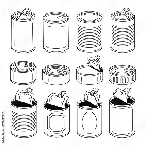Collection of Outline Tin Cans - Closed, Opened, and Diverse Label Designs Vector Illustration
