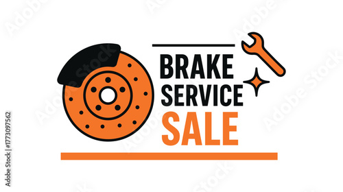 Flat vector banner design text BRAKE SERVICE SALE supporting icons of brake disc wrench and spark symbol black and orange palette isolated on white marketing approved bright palette with