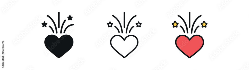 Fototapeta premium romantic fireworks icon on white background Black silhouette flat icon outline icon and colored icon style. 1x3 grid. three minimal vector icon style. centered composition clear white space