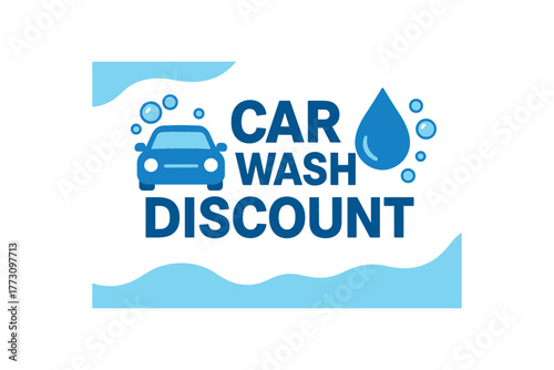 Flat vector banner design text WASH DISCOUNT supporting icons of bubbles and water drop blue and white palette isolated on white marketing approved bright palette with balanced saturation