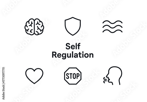 outline vector icon set of 6 isolated on white background minimal black monochrome style flat vector icon illustration clean lines centered composition no gradient central bold title text