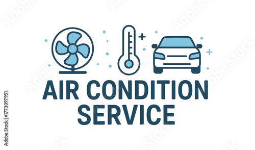 Flat vector banner design text AIR CONDITION SERVICE supporting icons of fan thermometer and symbol light blue and gray tones isolated on white marketing approved bright palette with