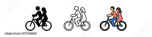 couple bicycle ride icon on white background Black silhouette flat icon outline icon and colored icon style. 1x3 grid. three minimal vector icon style. centered composition clear white