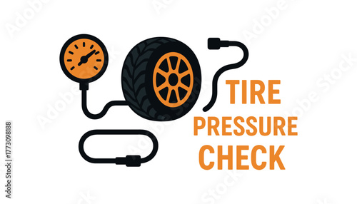 Flat vector banner design text TIRE PRESSURE CHECK supporting icons of gauge tire and hose black and orange palette isolated on white marketing approved bright palette with balanced