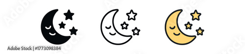 romantic moon and stars icon on white background Black silhouette flat icon outline icon and colored icon style. 1x3 grid. three minimal vector icon style. centered composition clear white