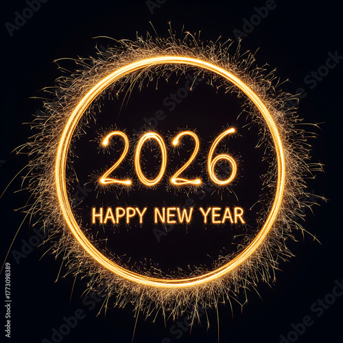 Happy New Year 2026 greeting with sparkler text and circle frame on a black background