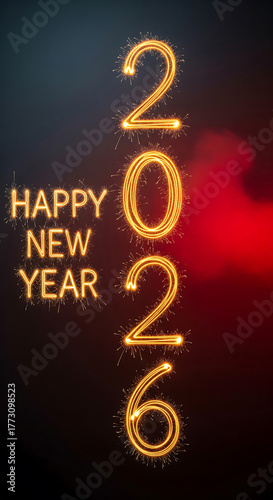 Happy New Year 2026 vertical banner. Sparkler numbers on a dark, smoky background