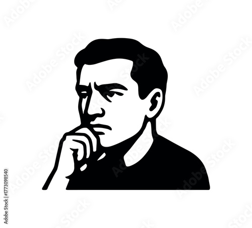 pensive gaze flat black solid vector illustration isolated on white background