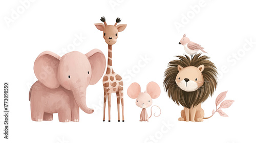 Watercolor cute jungle animals family with elephant giraffe lion and mouse illustration transparent background