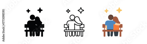 couple sitting on bench watching stars icon on white background Black silhouette flat icon outline icon and colored icon style. 1x3 grid. three minimal vector icon style. centered