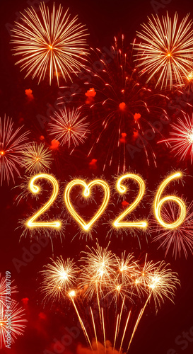 Happy New Year 2026 with heart. Vertical phone wallpaper with festive red fireworks