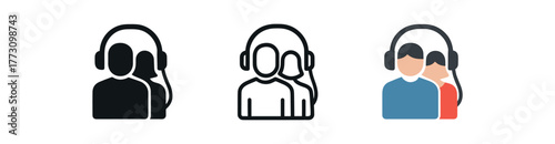 couple sharing headphones icon on white background Black silhouette flat icon outline icon and colored icon style. 1x3 grid. three minimal vector icon style. centered composition clear