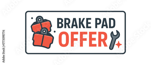Flat vector banner design text BRAKE PAD OFFER supporting icons of brake pads wrench and spark dark gray and red palette isolated on white marketing approved bright palette with balanced