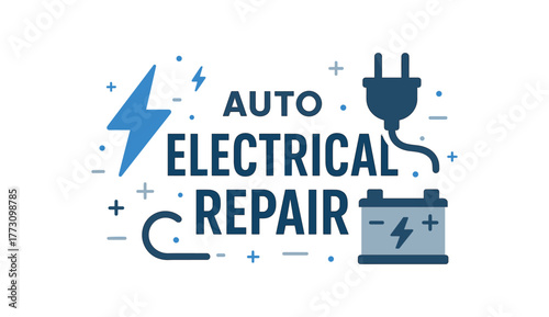 Flat vector banner design text AUTO ELECTRICAL REPAIR supporting icons of lightning bolt plug and battery blue and silver palette isolated on white marketing approved bright palette with