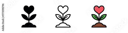 love growth plant sprouting hearts icon on white background Black silhouette flat icon outline icon and colored icon style. 1x3 grid. three minimal vector icon style. centered composition