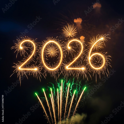 Happy New Year 2026. Wide banner with sparkling numbers and a colorful fireworks show
