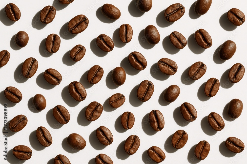 Obraz premium Roasted coffee beans scattered on white background high contrast craft cafe aesthetic