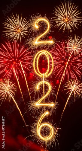 New Year 2026 celebration. Sparkling numbers and golden fireworks on a dark night sky