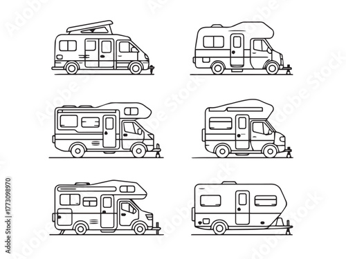 rv line art set camper van class c motorhome travel trailer