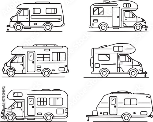 rv campervan class c motorhome travel trailer side view vector set