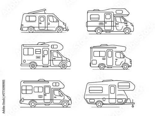 rv compact camper van and class c motorhome travel trailer line art