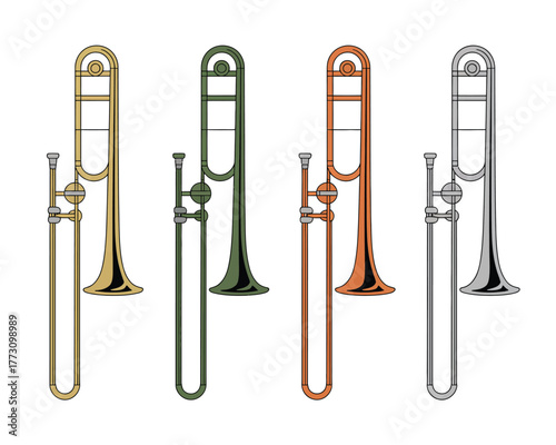Set of Four Colorful Trombones Illustration on White Background