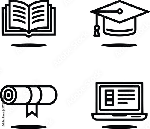 Set of four simple black line art icons representing education and learning including an open book graduation cap diploma scroll and laptop computer on a white background