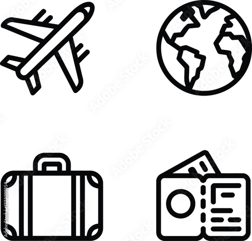 Set of four simple outline icons representing travel and tourism including an airplane a globe a suitcase and a passport with tickets perfect for travel websites and apps